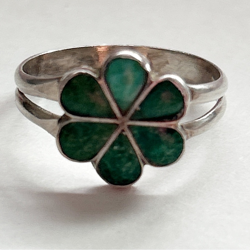 Vintage Southwestern Green Turquoise Flower Sterling Silver Ring - Picture 2 of 12